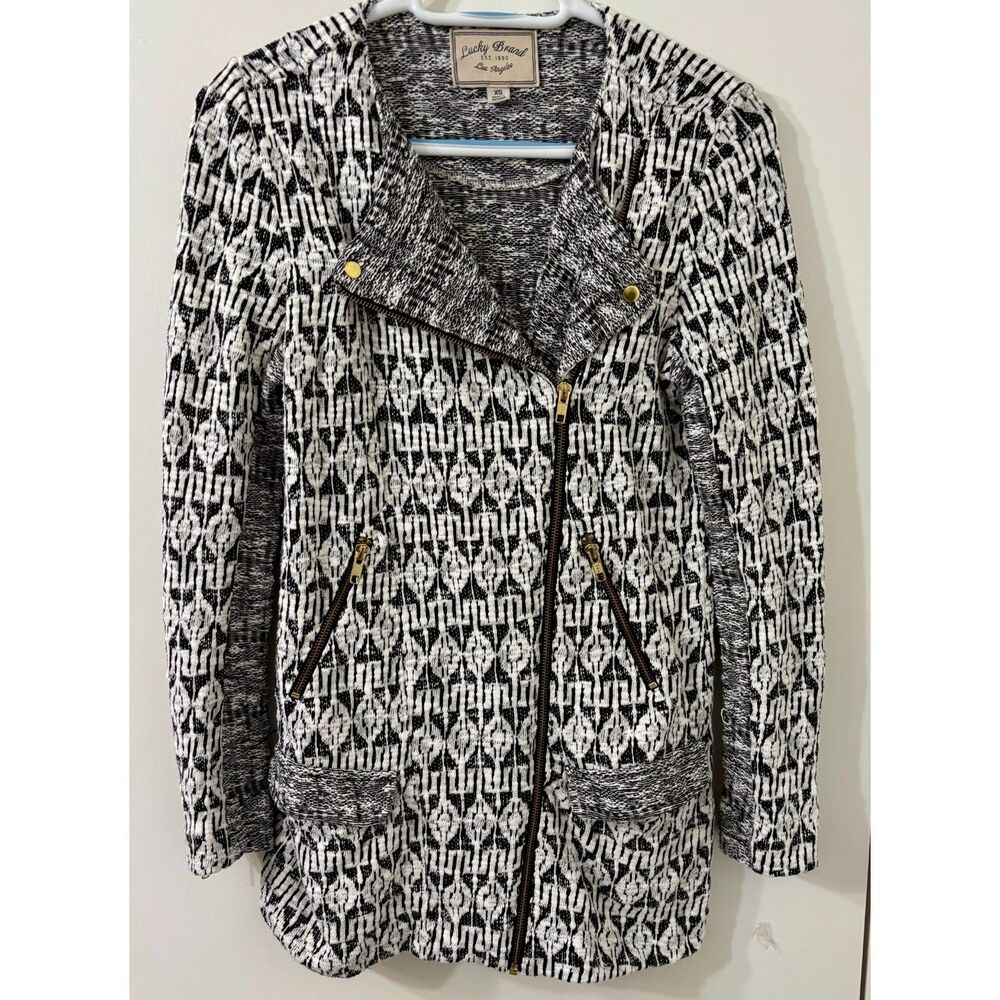 Lucky Brand Womens XS Black & White Tribal Print Asymmetrical Zip Moto Jacket